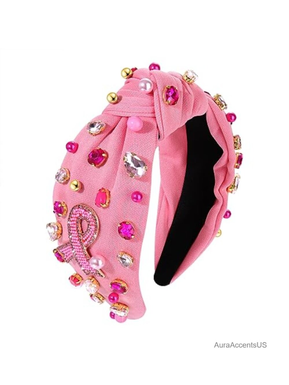Pink Ribbon Knotted Headband Pearl Crystal Breast Cancer Awareness Hair
